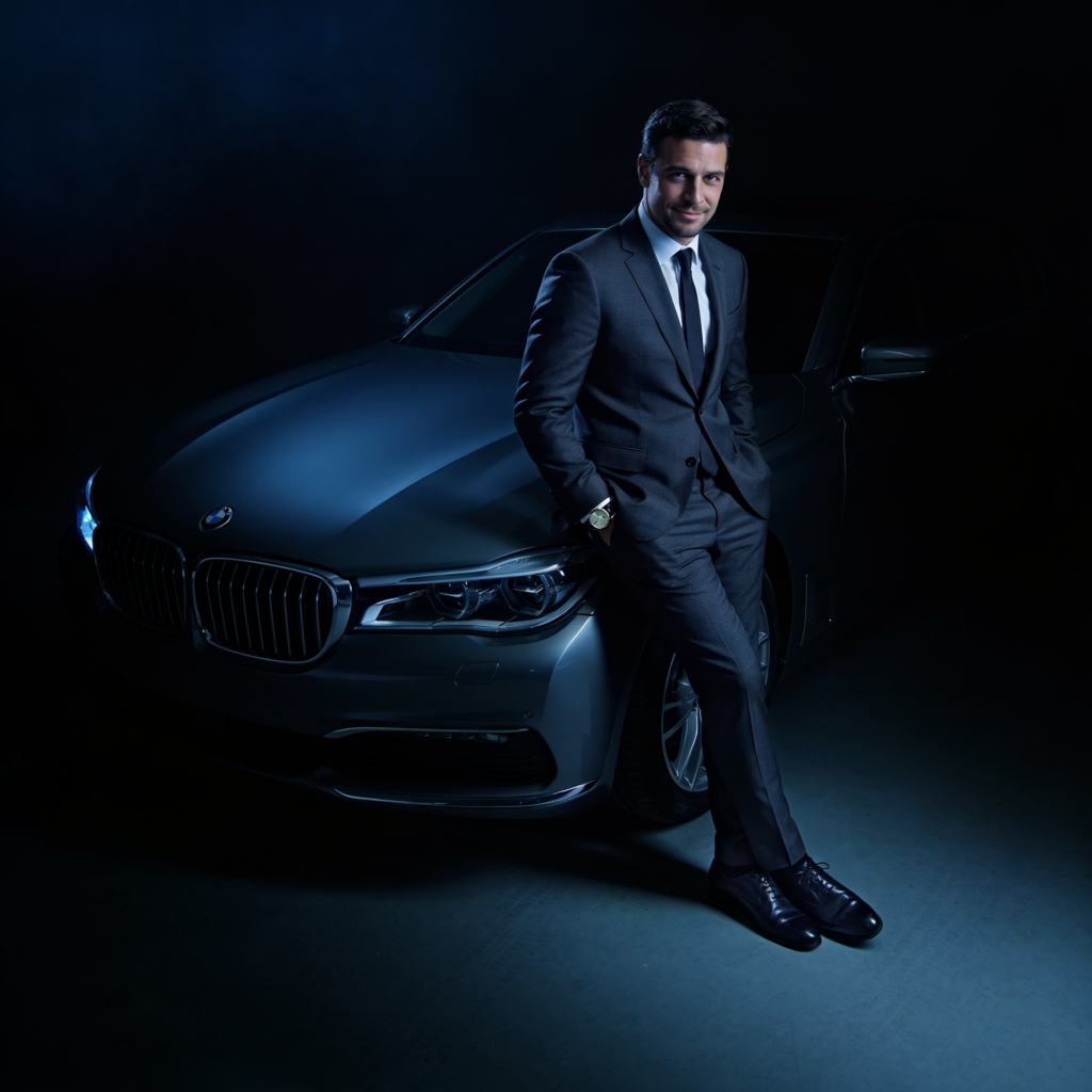 Hombre elegante apoyado en su BMW