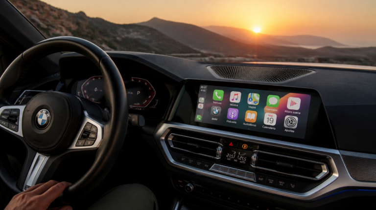 Interior de un BMW con Apple Carplay al atardecer